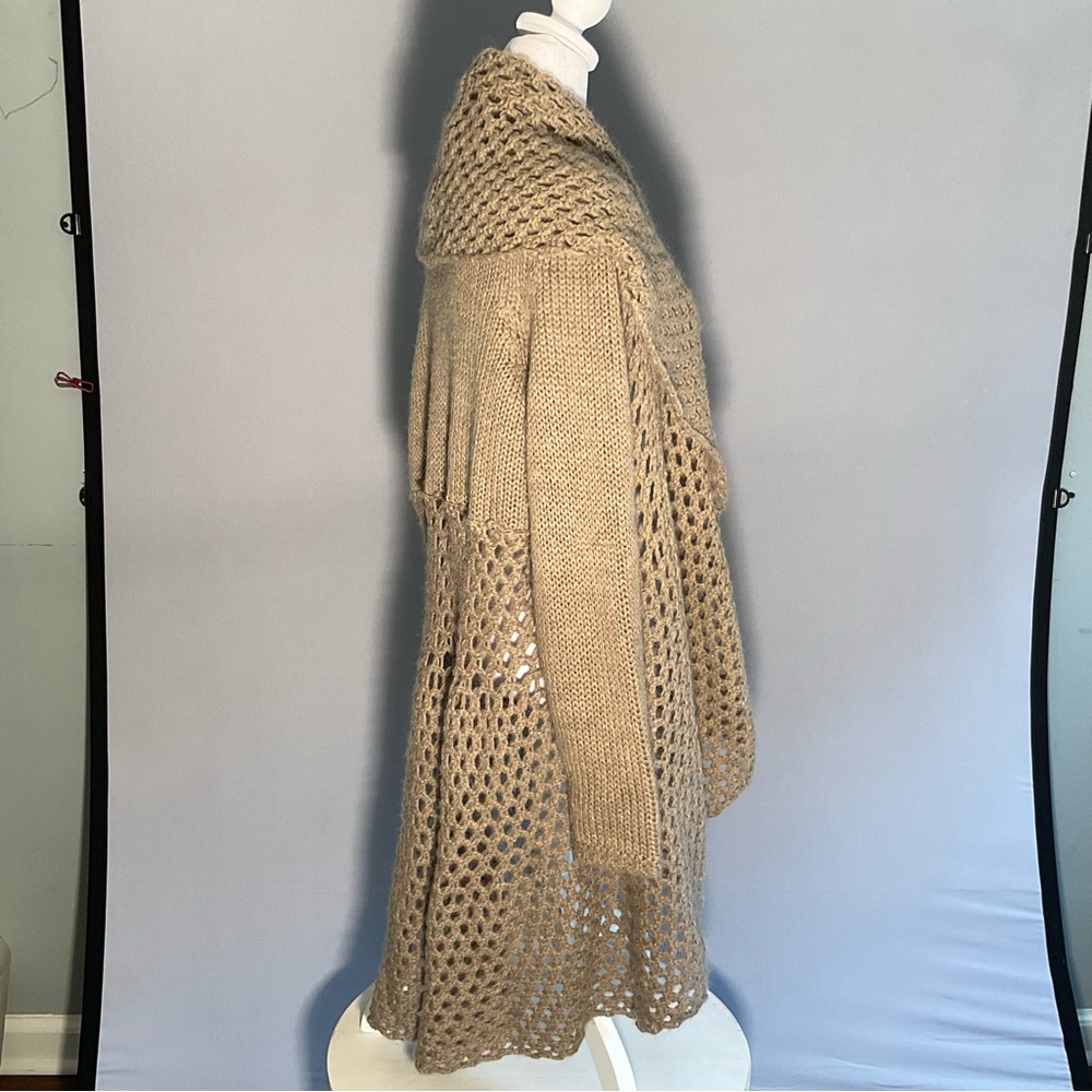 Anthropologie Elsamanda 2X Open Knit Hi/Lo Taupe Cardigan with Shawl Collar - Picture 6 of 16